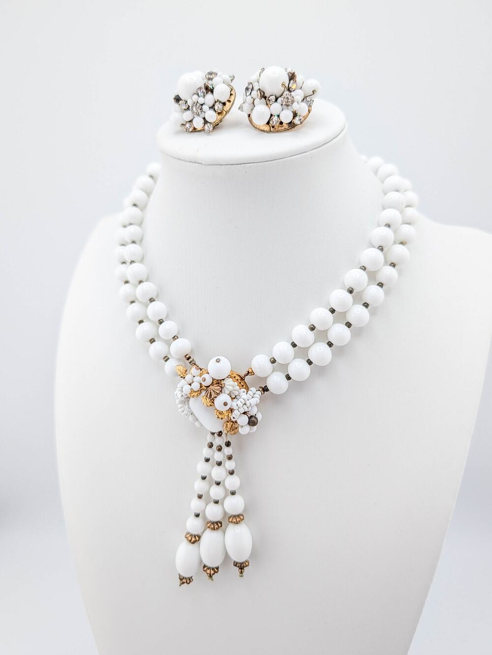 Vintage Mid Century JONNE Demi Parure Milk Glass Choker Necklace and Earrings